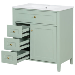 English Elm 30-Inch Contemporary Bathroom Vanity with Sink, MDF & Rubberwood, Glossy Finish, 3 Drawers + Cabinet Green N725P350819F