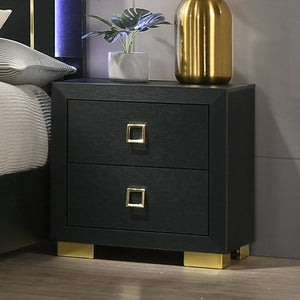 English Elm Contemporary Queen Bedroom Set Matte Black Wood Gold Legs Led Headboard Nightstands B2741S00157