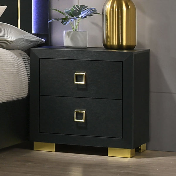 English Elm Modern Nightstand Black Melamine 24"W x16"D x24"H — Gold Trim, Square Pulls, Center Glide Drawers, Dovetail Construction B2741P324374