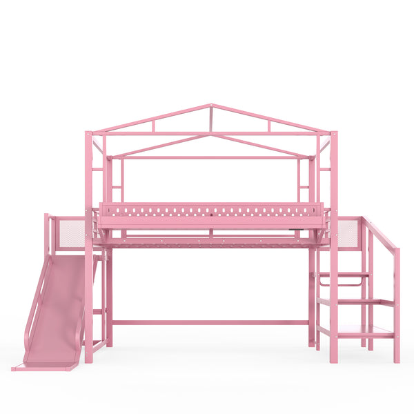 English Elm Twin Metal Loft Bed with Built-in Wardrobe Storage Stairs Led Lights and Usb Ports W5316S00048