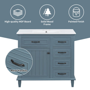 English Elm 36 Inch Bathroom Vanity With Ceramic Sink, Adjustable Shelf, Stylish Storage, Modern Blue Finish N725P336554C