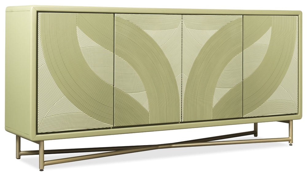 Hooker Furniture Commerce Green Carved Into The Woods Credenza — Leafy Tone-On-Tone Finish, Gold Metal Base, Soft-Close Doors 7228-85140-35