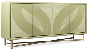 Hooker Furniture Commerce Green Carved Into The Woods Credenza — Leafy Tone-On-Tone Finish, Gold Metal Base, Soft-Close Doors 7228-85140-35
