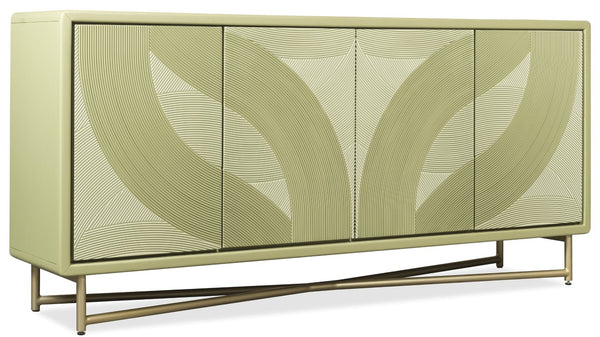 Hooker Furniture Commerce Green Carved Into The Woods Credenza — Leafy Tone-On-Tone Finish, Gold Metal Base, Soft-Close Doors 7228-85140-35