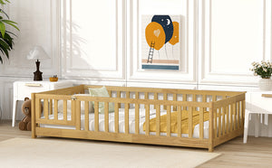 English Elm Twin Solid Rubberwood Floor Bed with Full Perimeter Safety Rails for Toddler Rooms Natural W504P296778