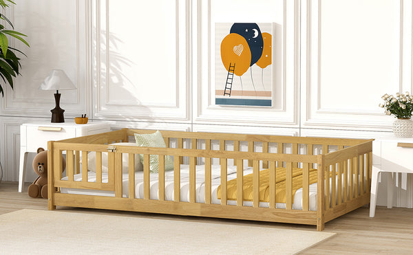English Elm Twin Solid Rubberwood Floor Bed with Full Perimeter Safety Rails for Toddler Rooms Natural W504P296778