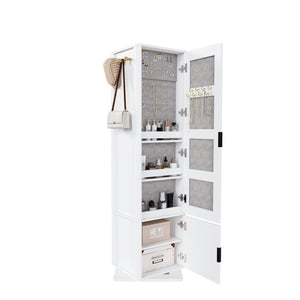 English Elm 360° Rotating Tower Cabinet with Full Length Mirror Open Shelving and Jewelry Storage White W509P456172