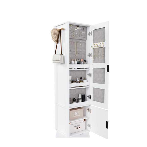 English Elm 360° Rotating Tower Cabinet with Full Length Mirror Open Shelving and Jewelry Storage White W509P456172