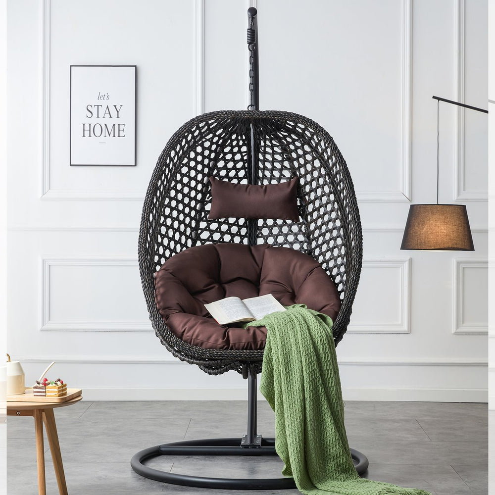 English Elm Egg Swing Chair Freestanding Woven Rattan Basket Seat with Cushion for Patio Bedroom W1512P494633