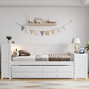 English Elm Full Size Pine Wood Platform Daybed with Led Headboard Desk Storage and Charging White N7090000475K-1
