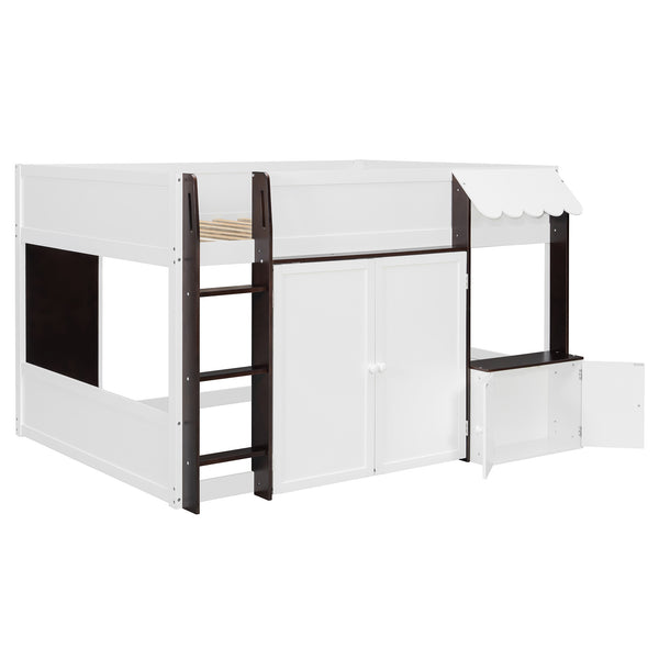 English Elm Twin House Loft Bed with Pull Out Rolling Desk Stair Drawers and Cabinet Storage Espresso+White N820S00074P