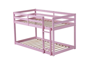English Elm Solid Twin over Twin Floor Bunk Bed Pink – Solid Rubberwood Low-Height Platform with Ladder, Sturdy Slats, 200lb Capacity and Versatile Under-Bed Space for Kids Rooms (46.6"H x 77.3"L) W504P208048
