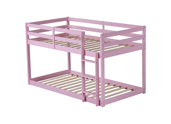 English Elm Solid Twin over Twin Floor Bunk Bed Pink – Solid Rubberwood Low-Height Platform with Ladder, Sturdy Slats, 200lb Capacity and Versatile Under-Bed Space for Kids Rooms (46.6"H x 77.3"L) W504P208048