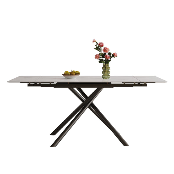 English Elm Retractable Sintered Stone Dining Table with Carbon Steel Legs, 83" Rectangular Modern Design, Durable and Easy-Clean White W509P340583