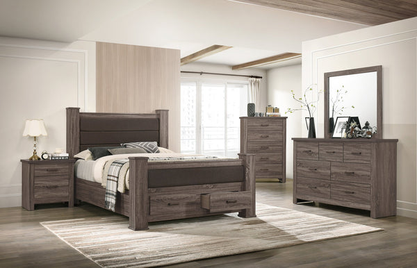 English Elm Modern Eastern King Storage Bed Linen Upholstered Headboard Warm Brown Finish B011S02117