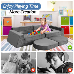 English Elm 12 Piece Modular Foam Play Couch Set Velvet Convertible Sofa Fort for Kids Playroom Dark Gray T5880P493412