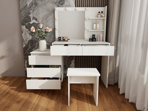 English Elm LED Lighted Makeup Vanity Table with Mirror, Ancient White Melamine, Stool, Drawers & Organizer Elegance W2139P306365