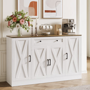English Elm Buffet Sideboard 55 Inch Farmhouse Credenza with Barn Doors Drawer and Open Shelving White T5618P451110