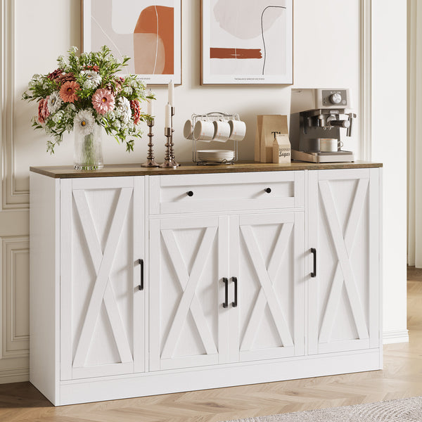 English Elm Buffet Sideboard 55 Inch Farmhouse Credenza with Barn Doors Drawer and Open Shelving White T5618P451110