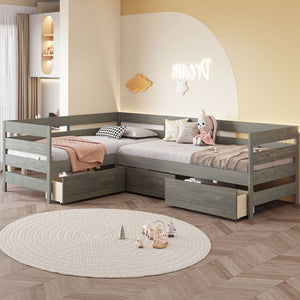 English Elm Twin L-Shaped Platform Bed with Three Spacious Drawers, Solid Pine & MDF, Clean-Lined Design Gray N7090000468E