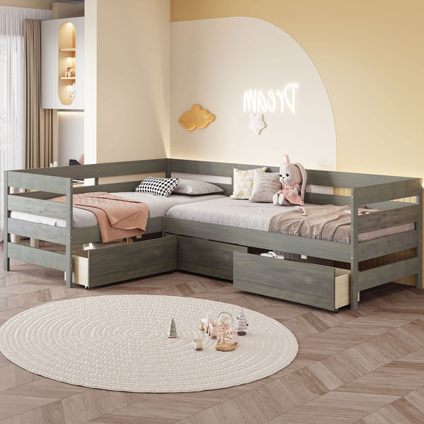 English Elm Twin L-Shaped Platform Bed with Three Spacious Drawers, Solid Pine & MDF, Clean-Lined Design Gray N7090000468E