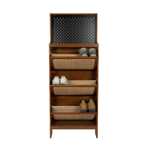 English Elm Rattan Narrow Shoe Cabinet with 3 Flip Drawers, Black Pegboard & Top Organizer — Slim 65"H Storage W1801P172870