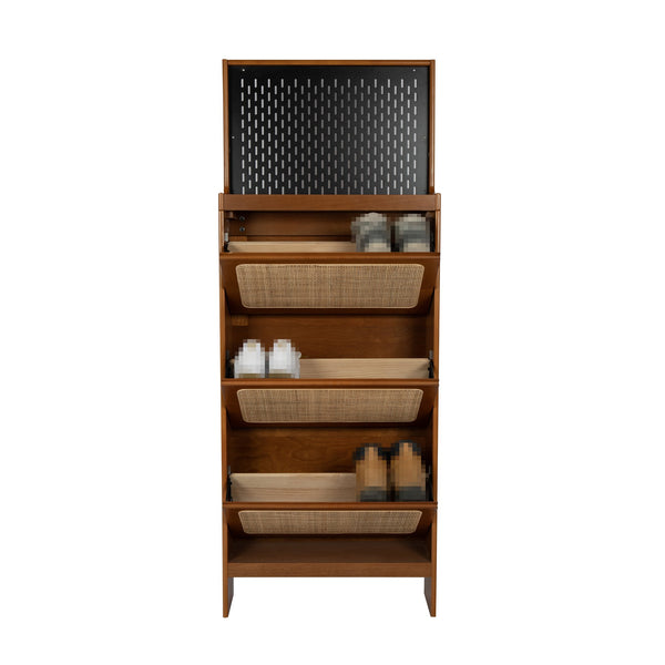English Elm Rattan Narrow Shoe Cabinet with 3 Flip Drawers, Black Pegboard & Top Organizer — Slim 65"H Storage W1801P172870
