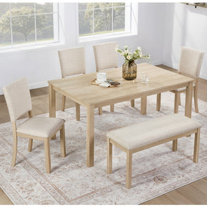 English Elm 6 Piece Rubberwood Dining Set with Bench and Linen Chairs for Transitional Kitchen W1998S00085