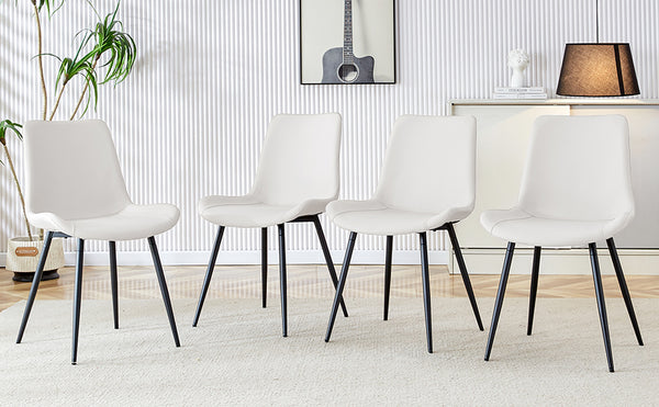 English Elm White faux leather dining chairs set of 4 with curved widened cushions, black metal legs, easy-clean comfort W1151P346458