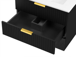 English Elm 24inch Bathroom Vanity with Ceramic Basin Sink, Wall-Mounted Double Drawer Cabinet for Small Baths Black N710P324097B