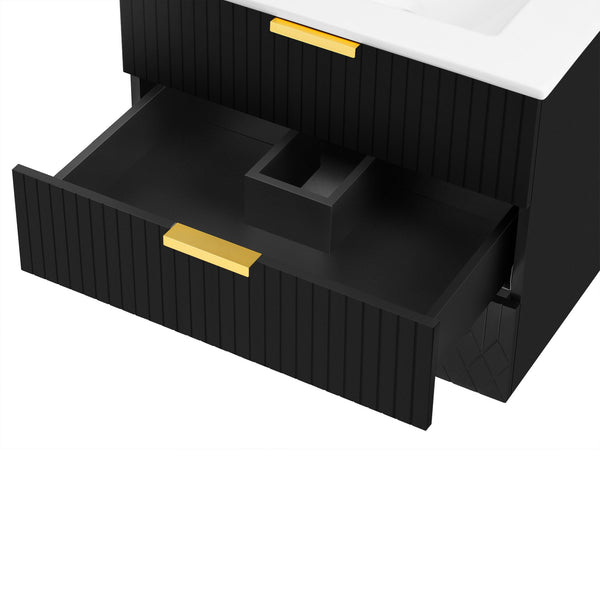 English Elm 24inch Bathroom Vanity with Ceramic Basin Sink, Wall-Mounted Double Drawer Cabinet for Small Baths Black N710P324097B