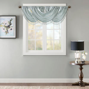 JLA Home Madison Park - Faux Silk Waterfall Valance with Tassel Trim, Lined Rod-Pocket Design for Hotel-Quality Window Styling Dusty Aqua MP41-4961