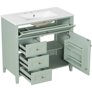 English Elm 36-Inch Green Bathroom Vanity With Sink - Modern Mdf & Rubberwood Freestanding Storage Solution N725P350821F