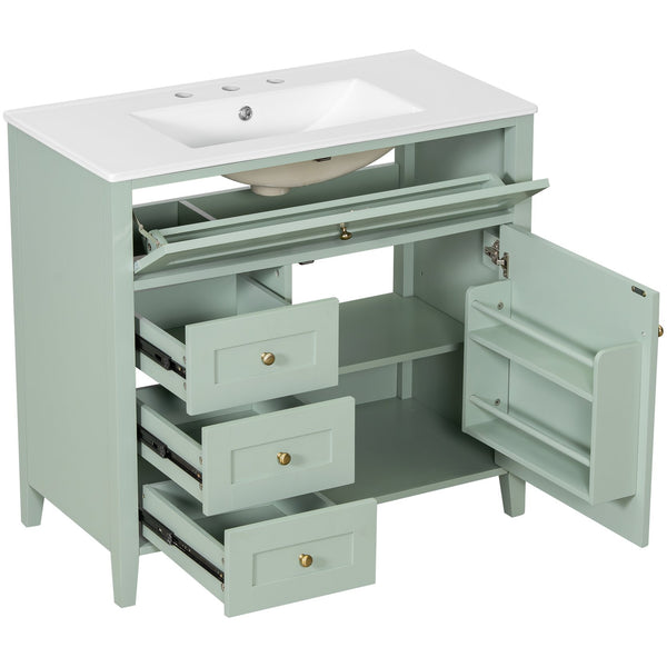English Elm 36-Inch Green Bathroom Vanity With Sink - Modern Mdf & Rubberwood Freestanding Storage Solution N725P350821F