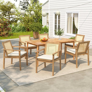 English Elm Christopher Knight Home® - Preston Acacia Outdoor 7PC Dining Set with 6 Beige Cushions, Weather‑Resistant Wood Table for Patio PRESTON7PDSET