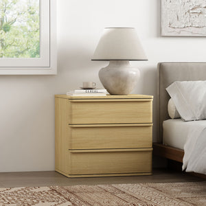 English Elm Molly 26" Nightstand Natural Oak with 3 Drawers, Rounded Corners, Pedestal Base, Modern Storage B365P398193