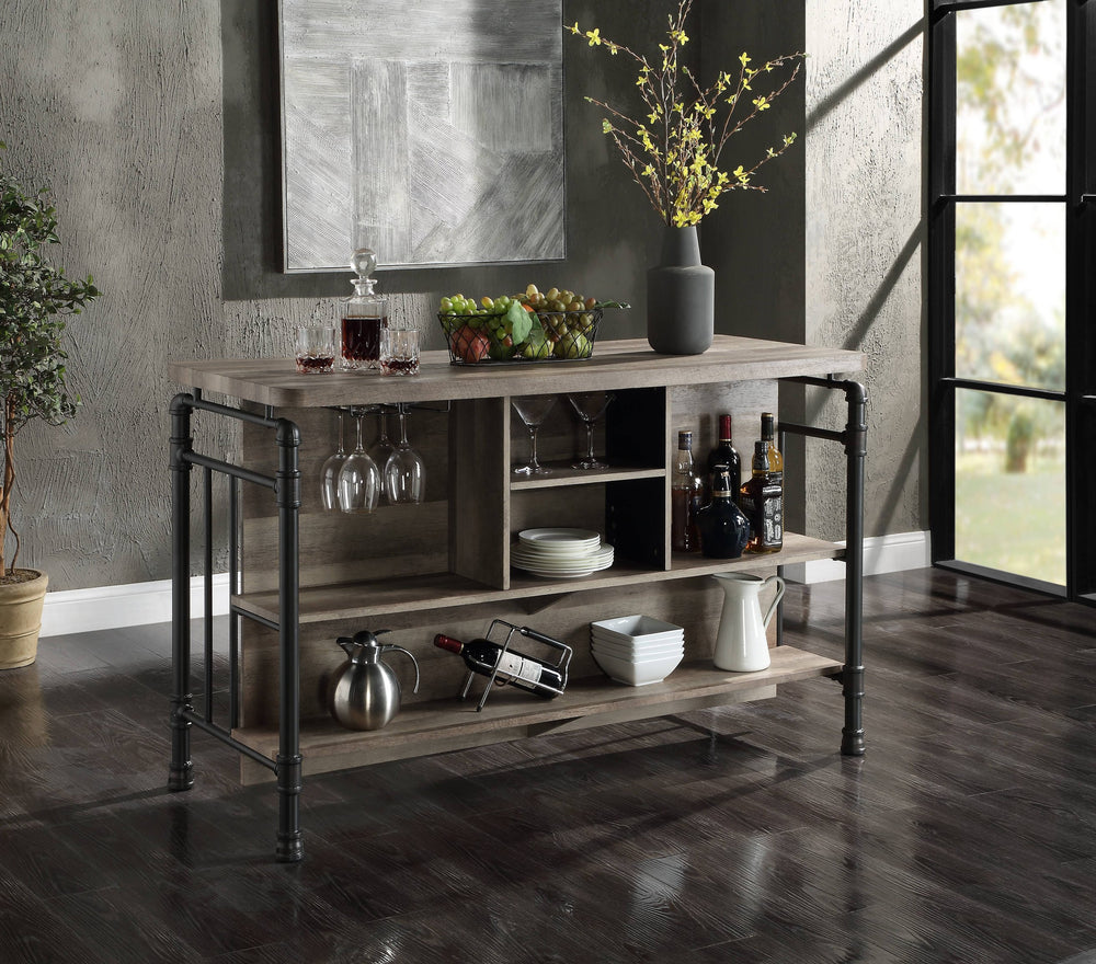 English Elm Antique 5-Shelf Kitchen Island Bar Cart with Sturdy Metal Legs, Thick Top, Rustic-Modern Sandy Grey Finish Oak B062P209301