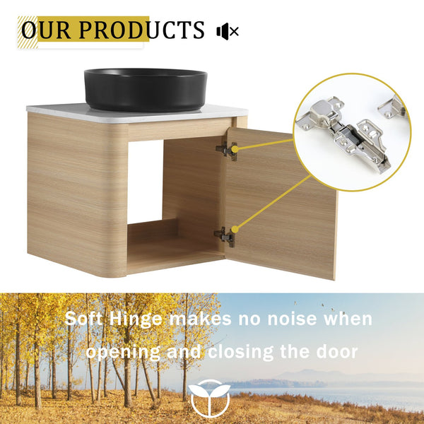 English Elm 60'' Wall-Mounted Bathroom Vanity With Ceramic Art Sink & Soft-Close Door For Modern Elegance W999S00472