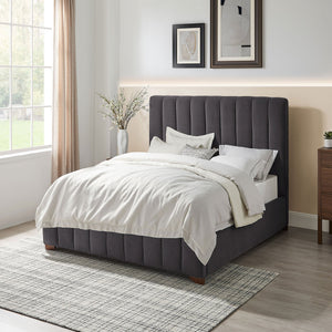 English Elm Full Queen Platform Bed Wingback Upholstered Frame Channel Tufted Fabric Headboard W2582S00059