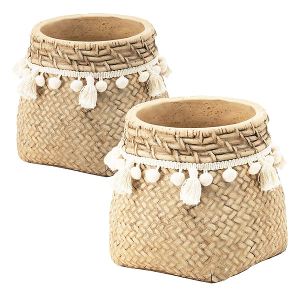 English Elm Set Of 2 Stylish 6.5" Brown Cement Planters With Woven Tassels - Perfect For Small Plants & Decor! W2078P326608-GIGA