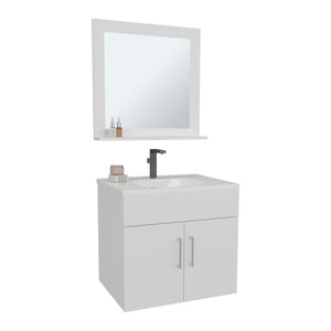 English Elm Bathroom Vanity Sink & Mirror Set White — Engineered Wood, Compact 2-Door Cabinet, Open Shelf Storage B097P369439