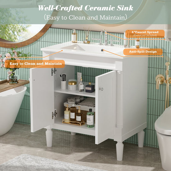 English Elm 30" French Style Bathroom Vanity with Ceramic Basin Soft Close Doors Wood Legs White N710P415327K