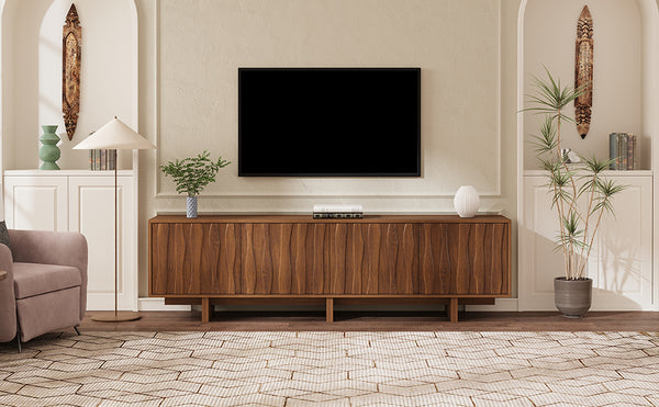 English Elm Retro Wood Grain Media Console Wavy Door Cabinet for Living Room Tvs 75 In N721P379534D