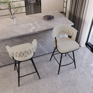 English Elm 26" Bar Chair Suede Woven Bar Stool Set of 2 with 360° Swivel, Plush Technical Leather, Sturdy Metal Base White W2189P180368