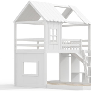 English Elm Twin Over Full Playhouse Bunk Bed with Slide Ladder Storage Shelves and Wardrobe Light White W5305S00039