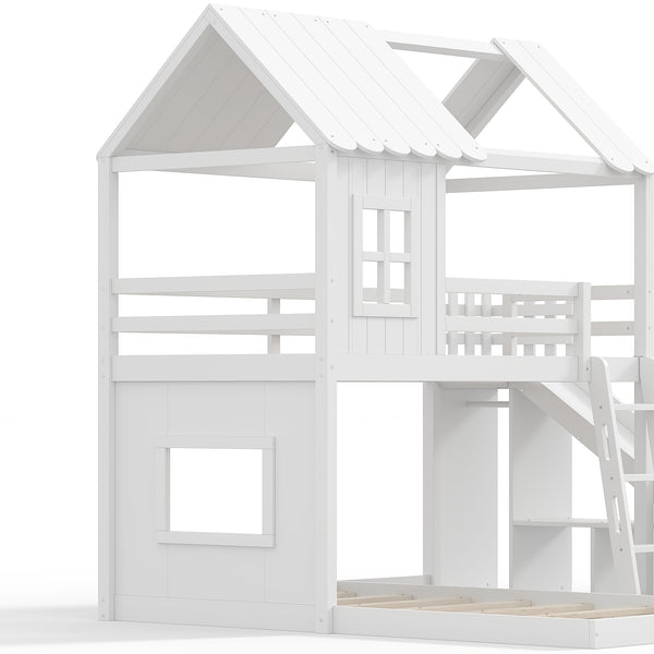 English Elm Twin Over Full Playhouse Bunk Bed with Slide Ladder Storage Shelves and Wardrobe Light White W5305S00039