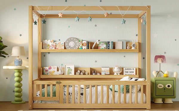 English Elm Twin House Floor Bed with Door and Full-Length Guardrails, Solid Wood Double Twin Floor Bed for Kids' Playful Rooms Natural W1580P359329