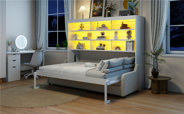 English Elm Queen Murphy Cabinet Bed with Sofa Foldaway, Built-In Shelves, LED Lighting, Space-Saving Beige N7090000603A