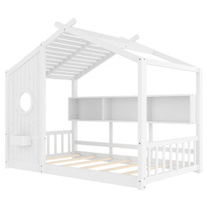 English Elm Twin House Floor Bed for Kids Montessori Playhouse with Roof, Built-In Shelf, Sturdy Pine Frame, Safeologna White 78.6 L x 16.6 W x 6.85 H N733P335064K