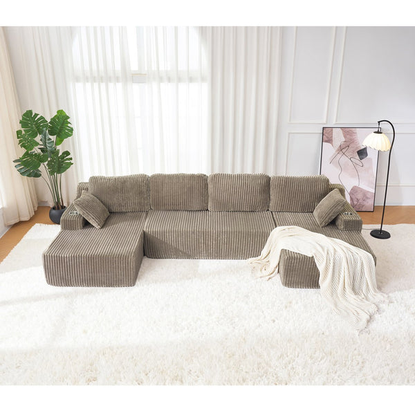 English Elm U-shaped Corduroy Cloud Sectional Sofa with Pocket Springs and Modular Living Room Seating Jade W3366S00003